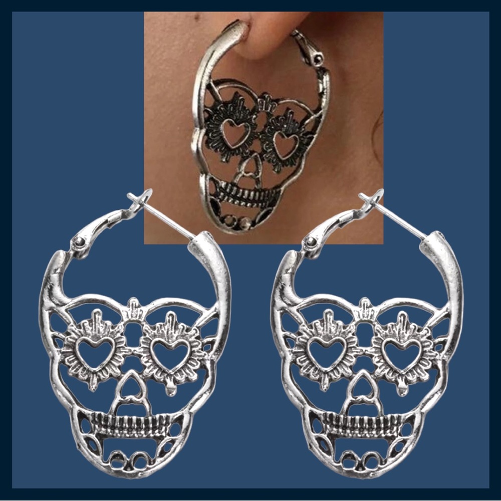 Silver Punk Rock Skull Earrings - Picture 3 of 8